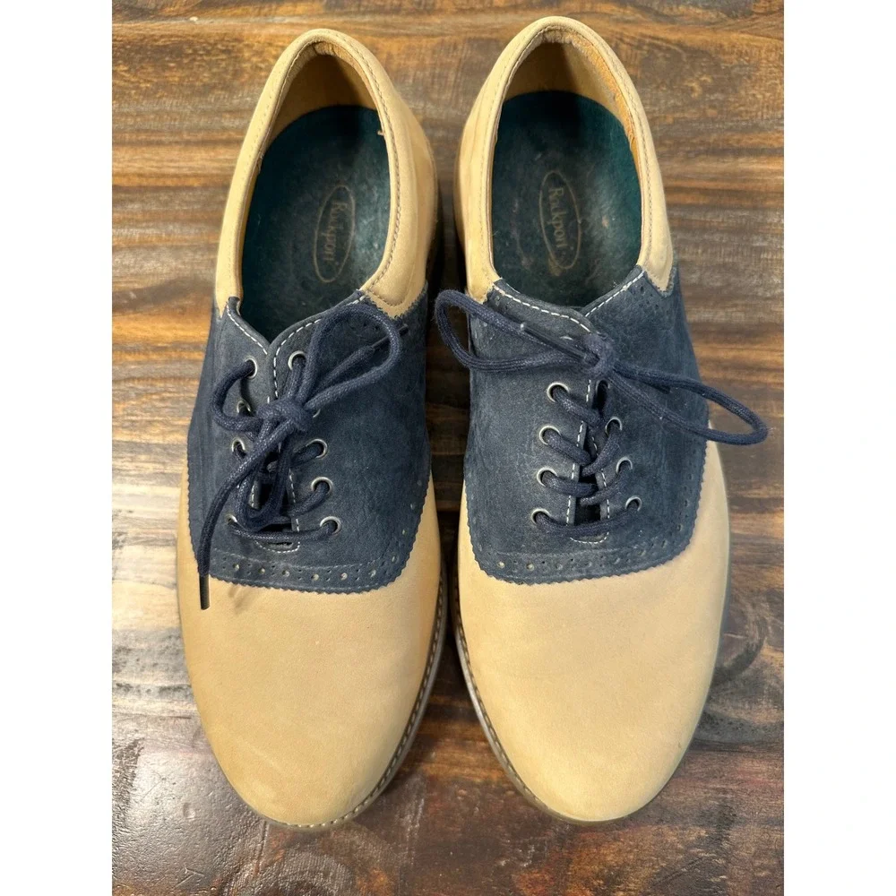 Rockport Mens Saddle‎ Shoes Leather Lace Up Oxfords Beige Blue 8.5 W